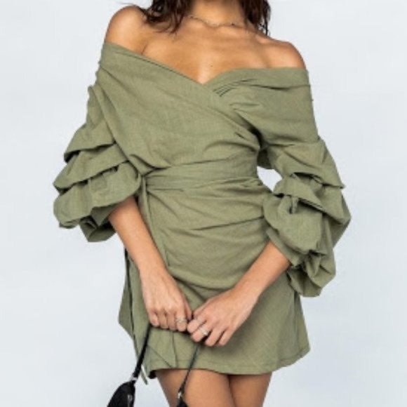 Elegant Olive Off-Shoulder Dress - Picture 1 of 8